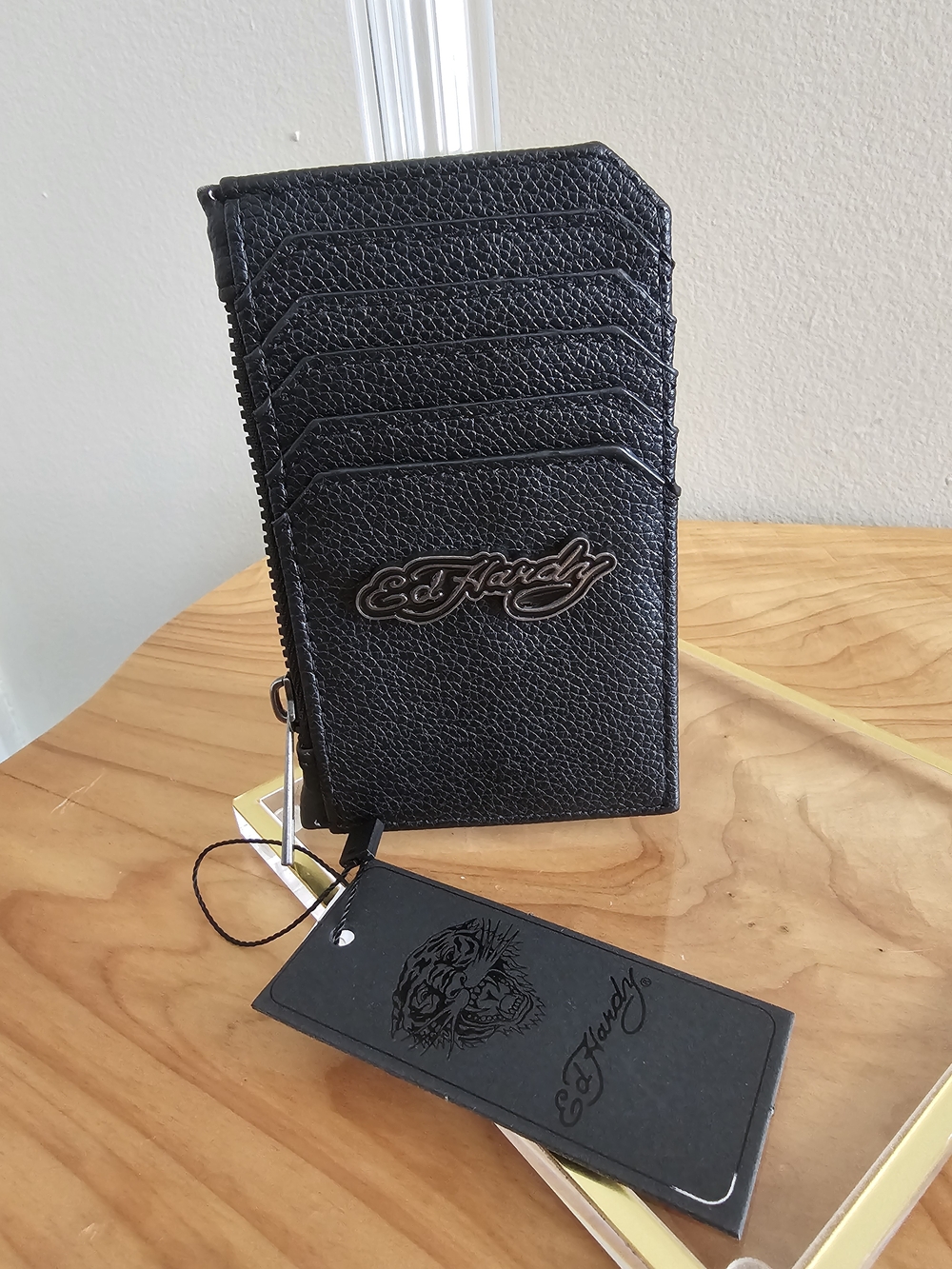 Ed Hardy Black Leather Skull & Rose Card Holder - Picture 3 of 4